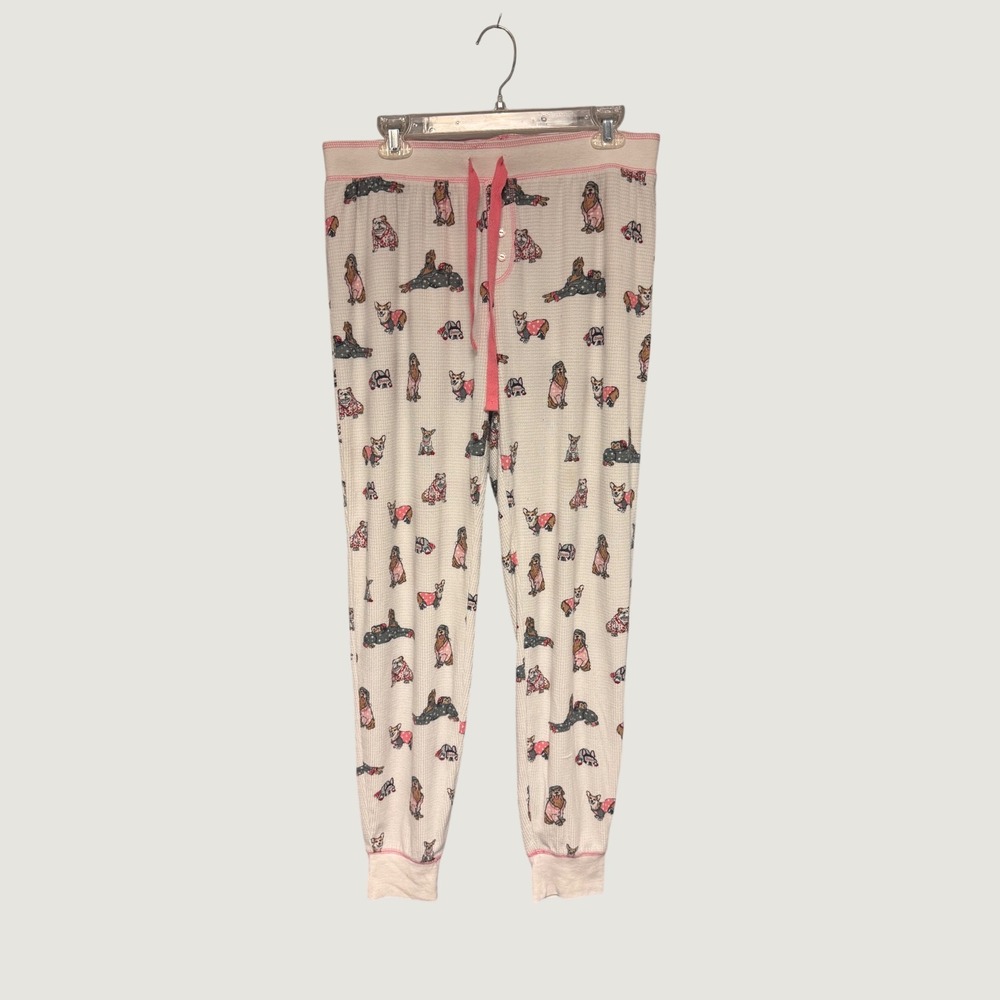PJ Salvage Womens Dog Print Waffle Knit Pajama Pants Pink Corgi Joggers Large